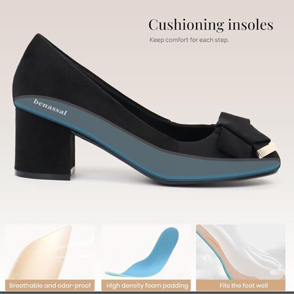 NIB (8) Black Orthopedic Block Heel Dress Shoes with Gold Accent - Picture 4 of 6